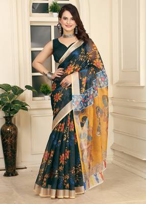 Green printed pure cotton Green saree with blouse 1