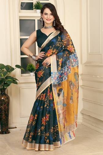Green printed pure cotton Green saree with blouse