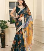 Green printed pure cotton Green saree with blouse