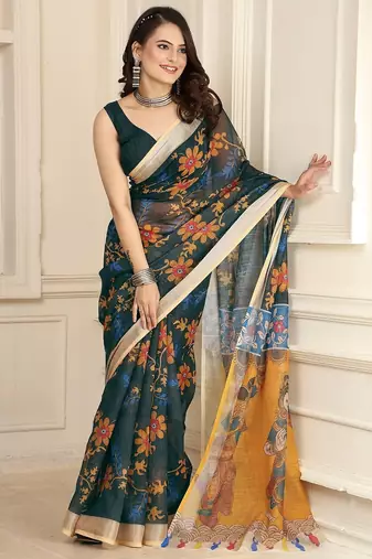 Green printed pure cotton Green saree with blouse