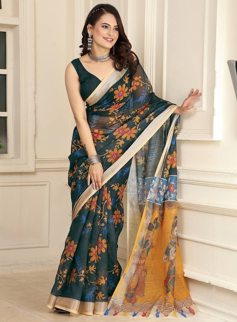 Green printed pure cotton Green saree with blouse