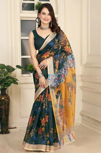 Green printed pure cotton Green saree with blouse