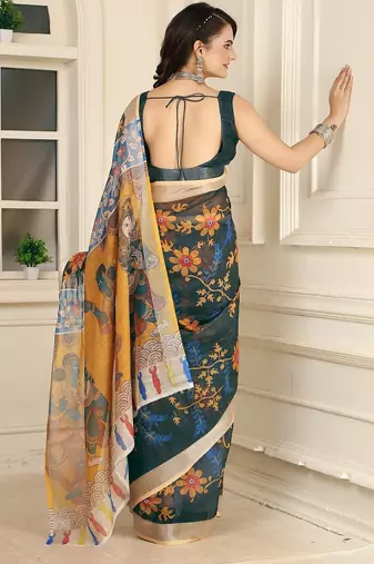 Green printed pure cotton Green saree with blouse