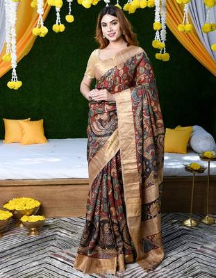 maroon printed pure cotton maroon saree with blouse 1