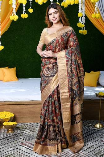 maroon printed pure cotton maroon saree with blouse