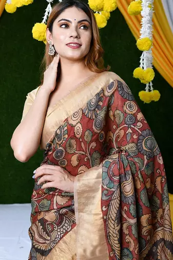 maroon printed pure cotton maroon saree with blouse