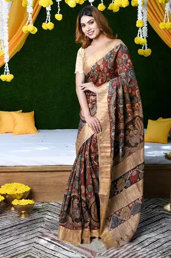 maroon printed pure cotton maroon saree with blouse