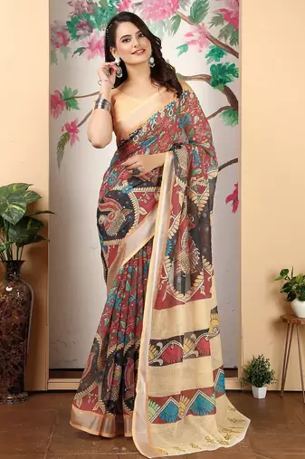 maroon printed pure cotton maroon saree with blouse