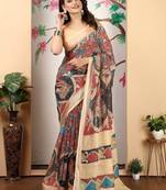 maroon printed pure cotton maroon saree with blouse