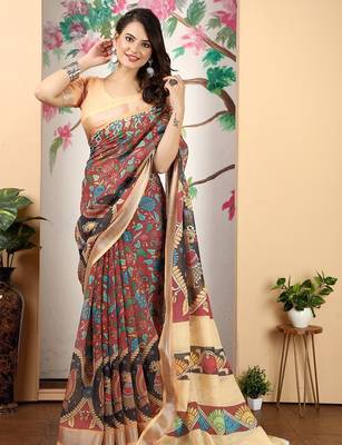 maroon printed pure cotton maroon saree with blouse 2