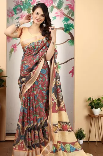 maroon printed pure cotton maroon saree with blouse