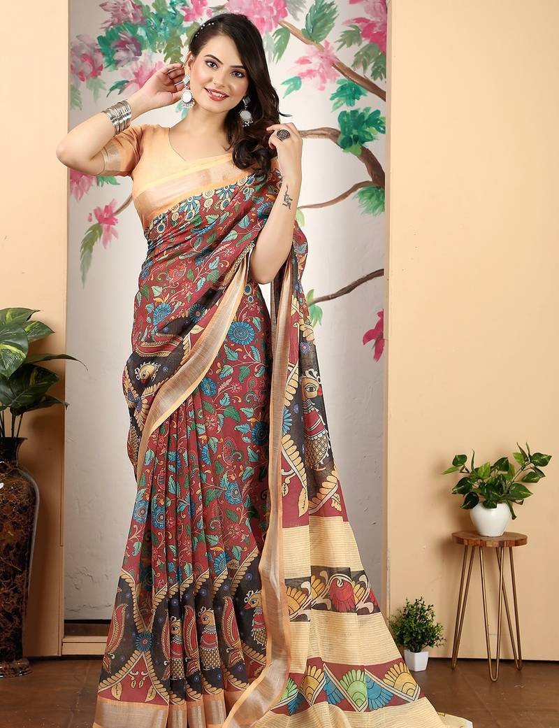 maroon printed pure cotton maroon saree with blouse