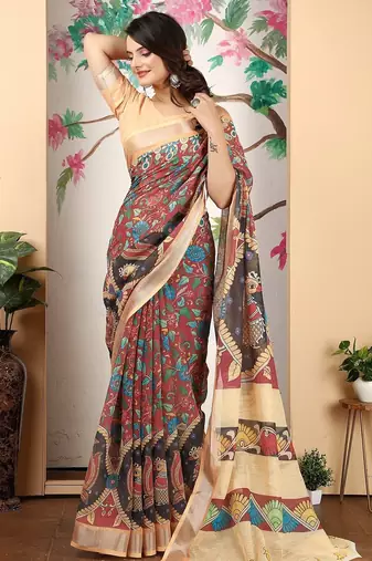 maroon printed pure cotton maroon saree with blouse