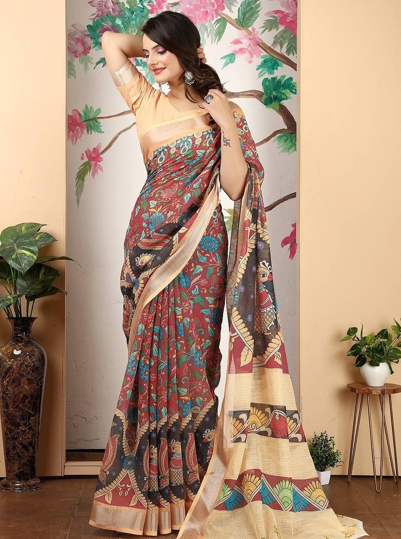 maroon printed pure cotton maroon saree with blouse