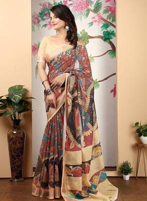 maroon printed pure cotton maroon saree with blouse 4