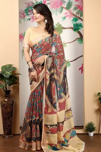 maroon printed pure cotton maroon saree with blouse
