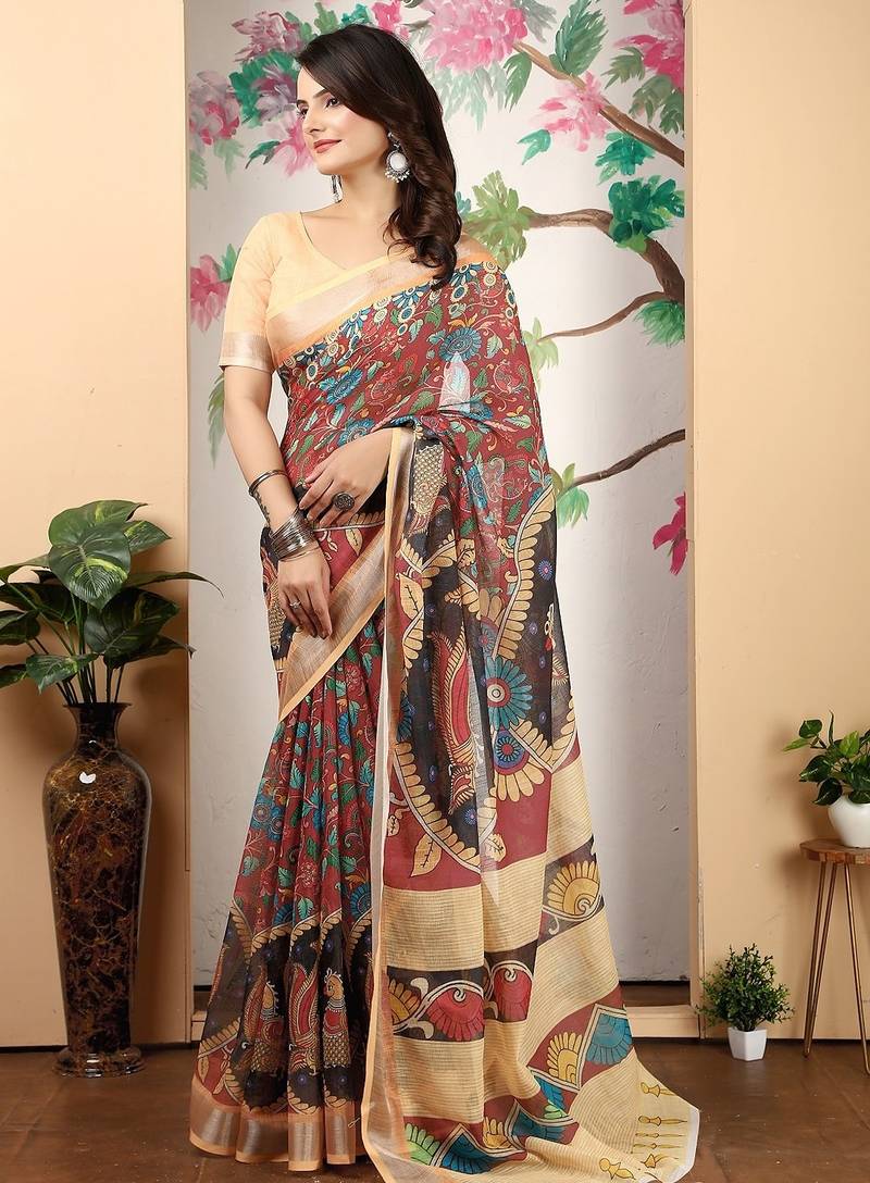 maroon printed pure cotton maroon saree with blouse