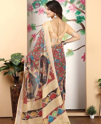 maroon printed pure cotton maroon saree with blouse 5
