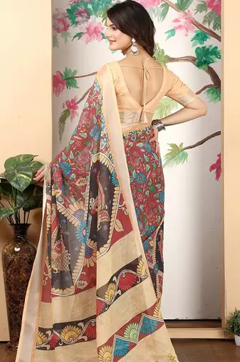 maroon printed pure cotton maroon saree with blouse