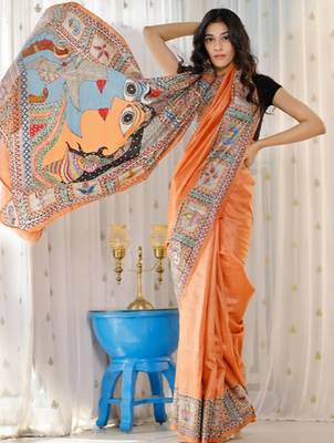 orange printed pure cotton orange saree with blouse 1