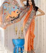 orange printed pure cotton orange saree with blouse
