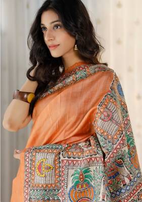 orange printed pure cotton orange saree with blouse 2
