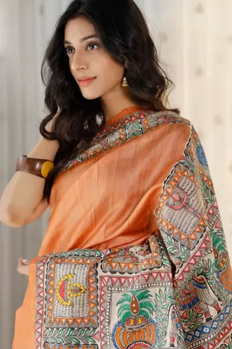 orange printed pure cotton orange saree with blouse