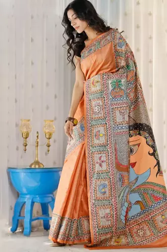 orange printed pure cotton orange saree with blouse