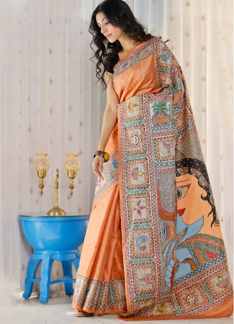orange printed pure cotton orange saree with blouse