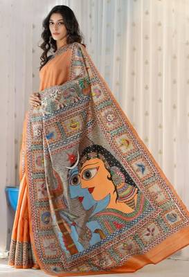 orange printed pure cotton orange saree with blouse 4