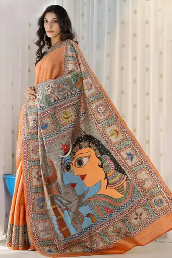 orange printed pure cotton orange saree with blouse