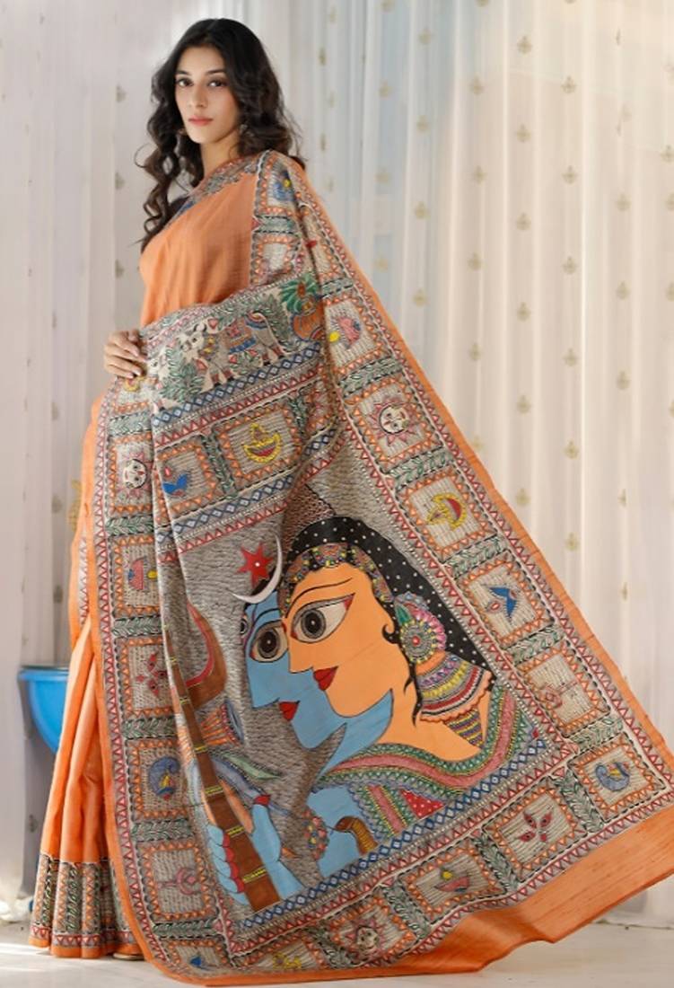 orange printed pure cotton orange saree with blouse