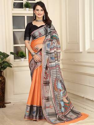 orange printed pure cotton orange saree with blouse 1