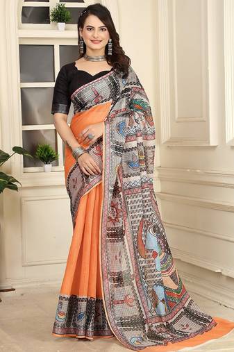 orange printed pure cotton orange saree with blouse