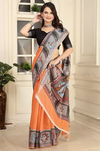 orange printed pure cotton orange saree with blouse