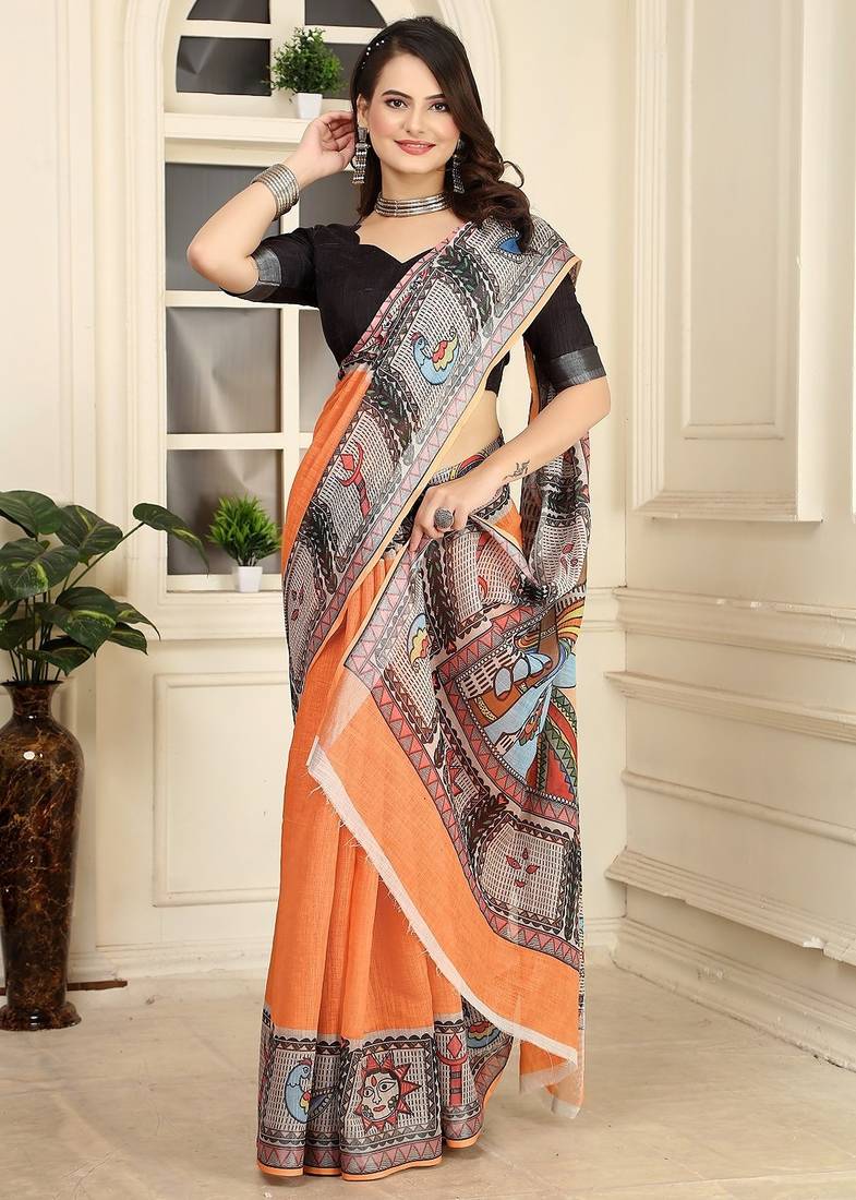 orange printed pure cotton orange saree with blouse