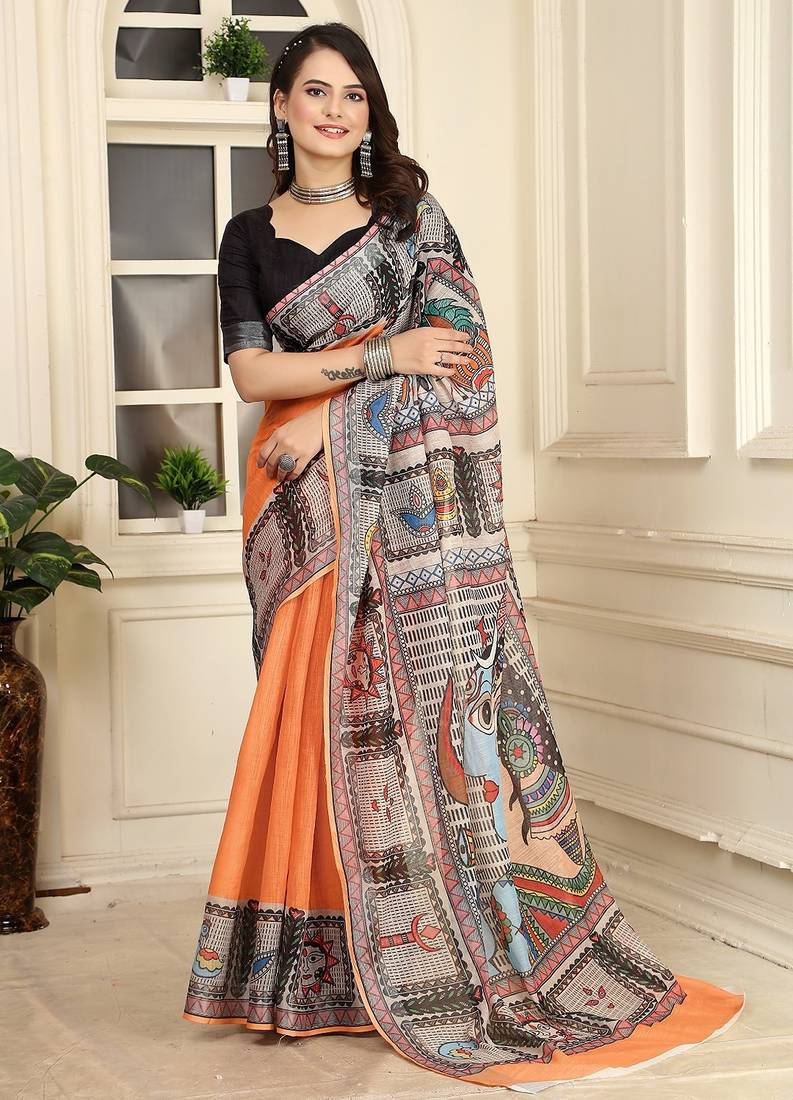 orange printed pure cotton orange saree with blouse