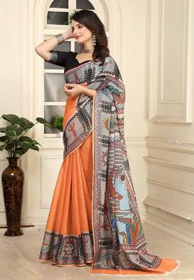 orange printed pure cotton orange saree with blouse 4