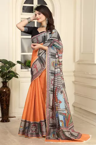 orange printed pure cotton orange saree with blouse