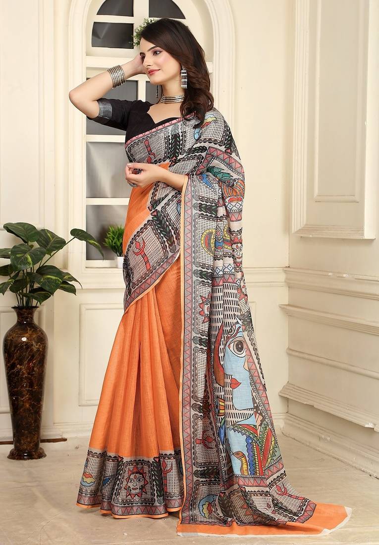 orange printed pure cotton orange saree with blouse