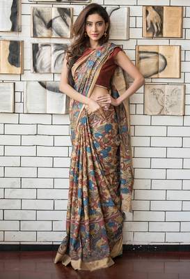 multicolor printed pure cotton beige saree with blouse 2