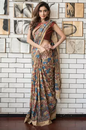 multicolor printed pure cotton beige saree with blouse