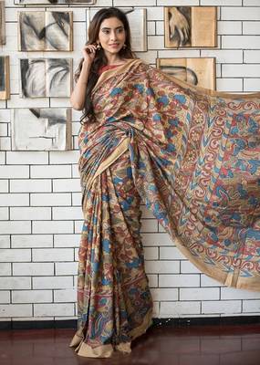 multicolor printed pure cotton beige saree with blouse 3