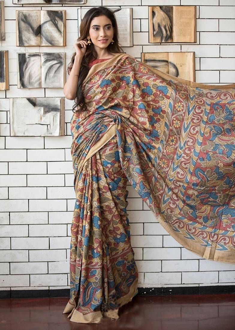 multicolor printed pure cotton beige saree with blouse
