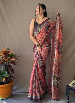 black printed pure cotton black saree with blouse 1
