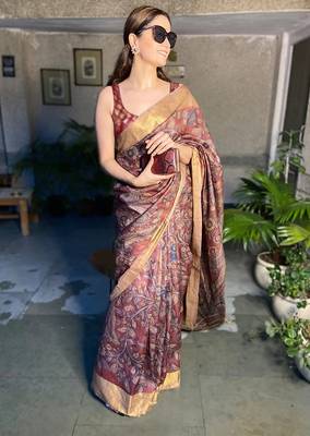 maroon printed pure cotton maroon saree with blouse 1