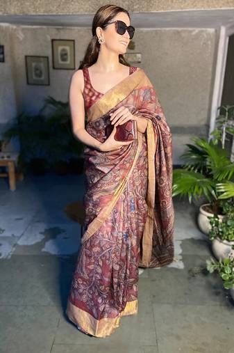 maroon printed pure cotton maroon saree with blouse