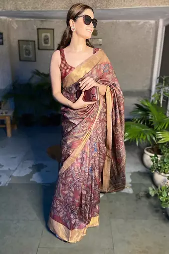 maroon printed pure cotton maroon saree with blouse