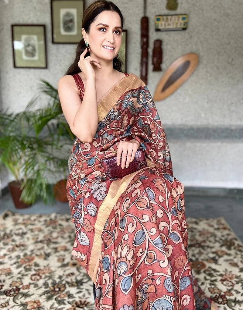 maroon printed pure cotton maroon saree with blouse