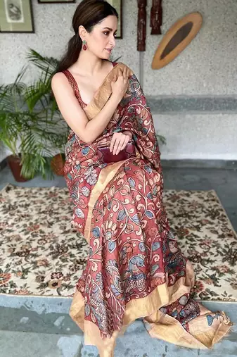maroon printed pure cotton maroon saree with blouse
